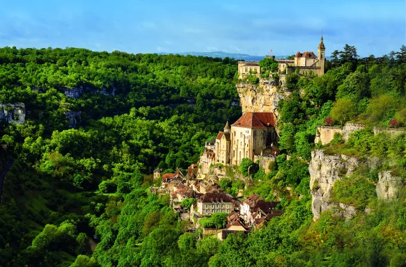 Rocamadour medieval town with lush vegetation in Lot, France