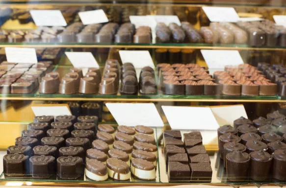 Shop window with selection of specialty chocolates on display