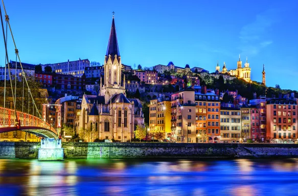 Famous view of Lyon with Saone river at night