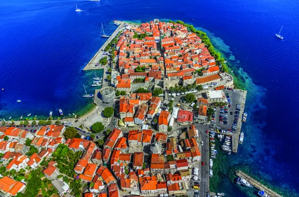 Aerial helicopter shoot of Korčula old town in Dubrovnik