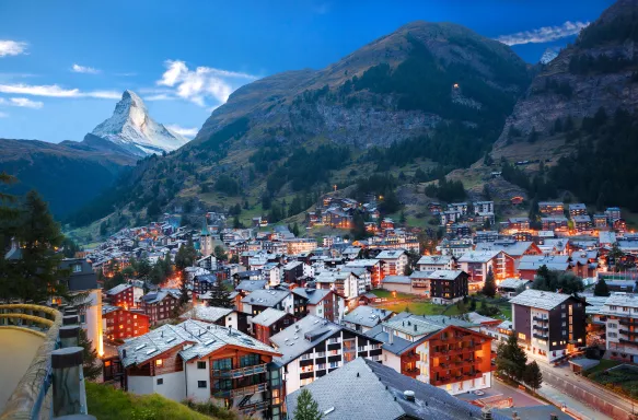 Zermatt village with a view of the peak of the Matterhorn mountain, Swiss Alps