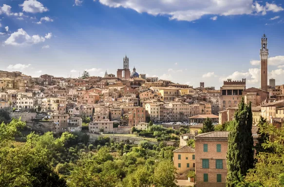 Aerial scenic view of Siena town and historical houses in Tuscany, Ialy