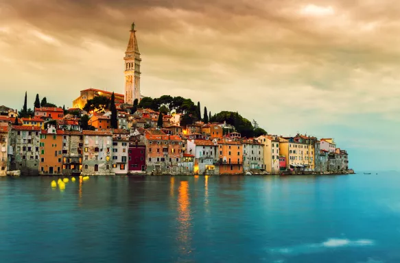 Rovinj old town at night in the Adriatic sea coast of Croatia, Europe