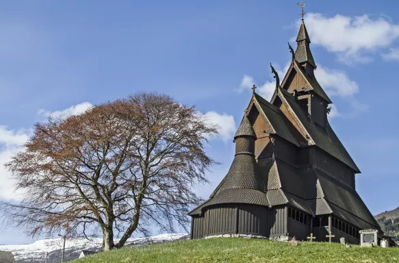 Preserved wooden Hopperstad Stave Church besides a tree atop a green hill, Norway