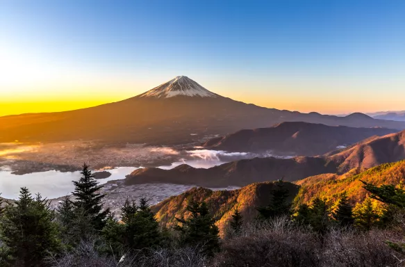 Sunrise behind Mount Fuji