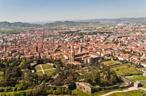 Aerial shot of the buildings in Italian town Arezzo