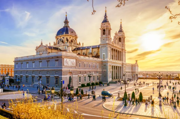 The Almudena cathedral during sunset in Madrid, Spain