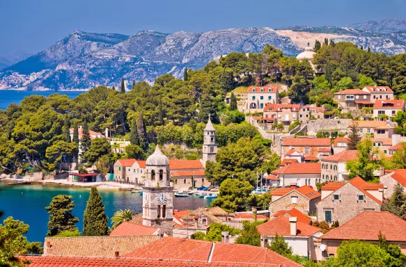 Town of Cavtat towers and waterfront view, south Dalmatia, Croatia