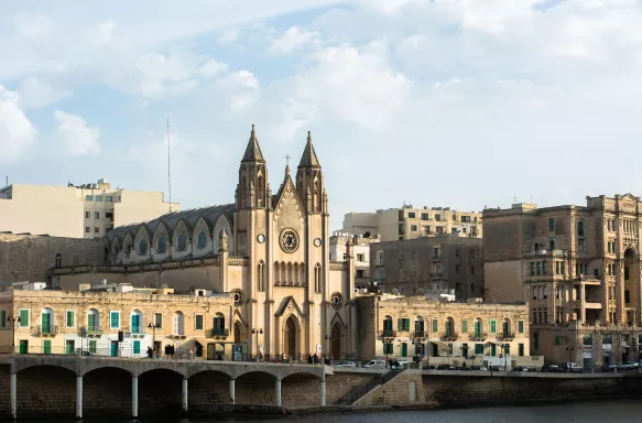 Neo-gothic Church known as Balluta Parish on a bridge, St Julians