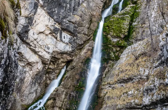 Savica waterfall near lake Bohinj, cascading down the side of a cliff face, Triglav national park