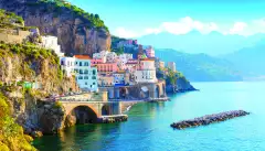 Morning view of Amalfi cityscape on coast line of the Mediterranean sea, Italy