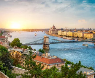 Aerial view of the Hungarian Parliament building and bridge over the Danube river in Budapest