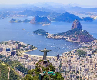 Aerial view of the Corcovado Christ statue and Botafogo Bay in Rio de Janeiro, Brazil