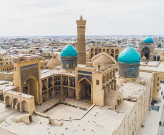 Aerial view of the Kalon mosque in Bukhara, Uzbekistan