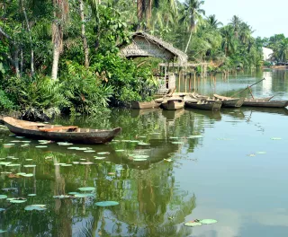 Small wooden boats on the Lotus Lake with lily pads in Mekong