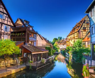 Town of Colmar, also known as Belle's Village, with half timbered houses and canal in Colmar, France