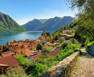 Landscape image of Lake Como and Greenway track in Italy