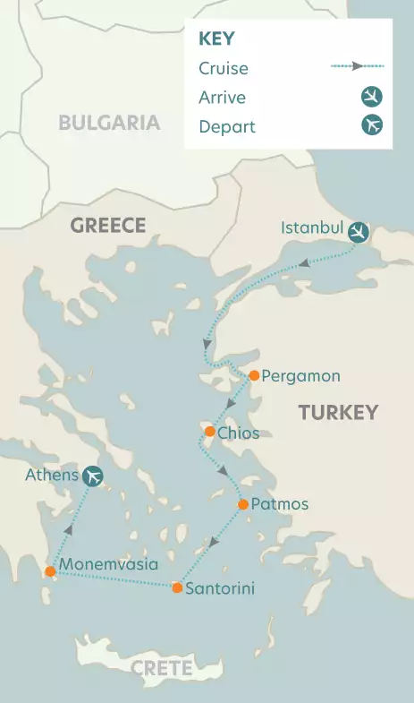 Airline and cruise map of the journey, arrivals and departures aboard the Star Flyer ship 