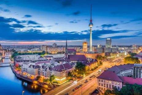 Aerial view of Berlin skyline illuminated at twilight blue hour in Germany