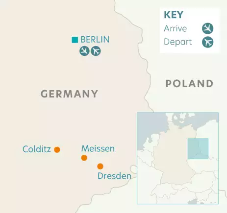 Route map depicting locations on Berlin, Dresden, Meissen and Colditz tour