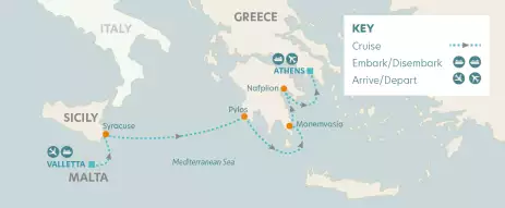 Route map Malta, Sicily & Greece