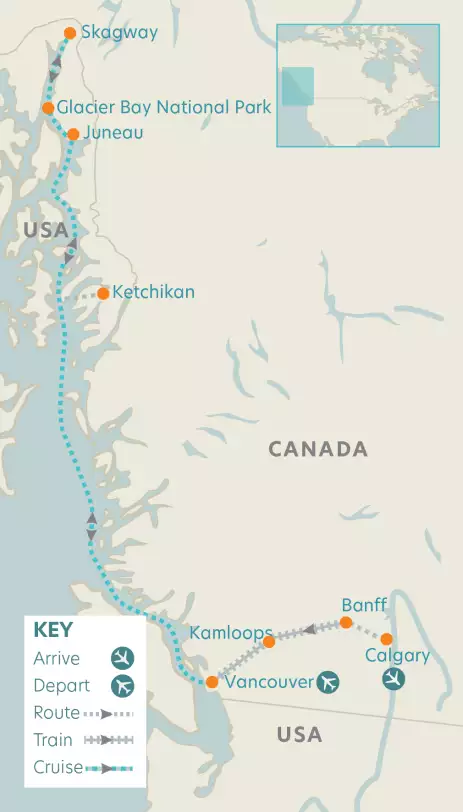 Route map of Canada Rocky Mountain and Alaska Cruise