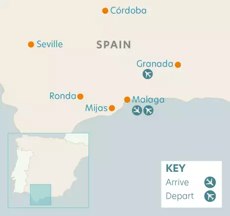 Route map depicting locations of the Classical Spain tour 