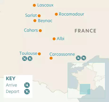 Airline map of arrivals and departures in France