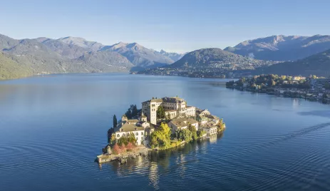 Aerial view over the Island of San Giulio on Lake Orta in Piedmont, Italy