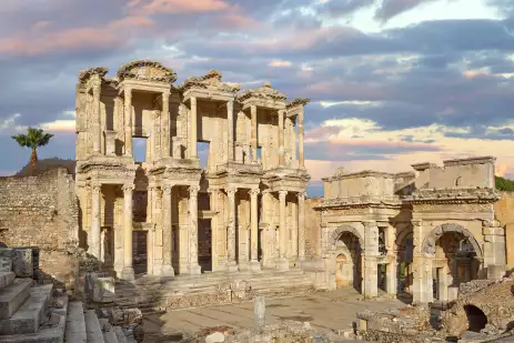 Celsus library in the Roman ruins of Ephesus during sunrise in Turkey