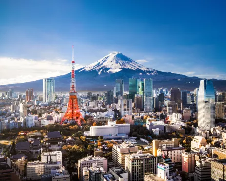 Aerial view of Mount Fuji, Tokyo Tower and modern skyscrapers in Tokyo, Japan