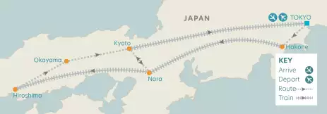 A map depicting a tour route of Japan