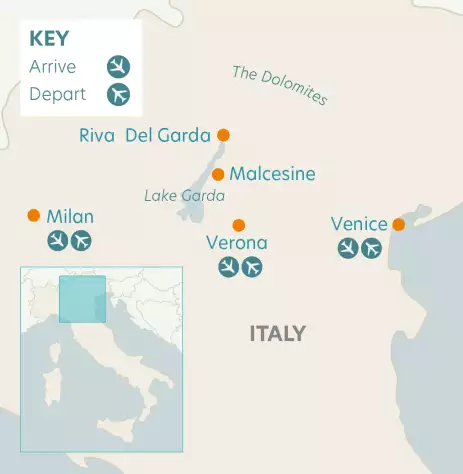 Route map depicting locations of the Lake Garda Tour