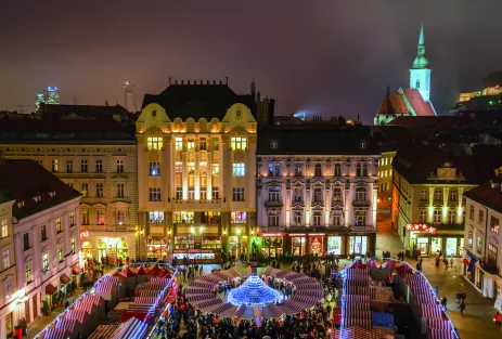 Night-time view of Bratislava Christmas market in Slovakia