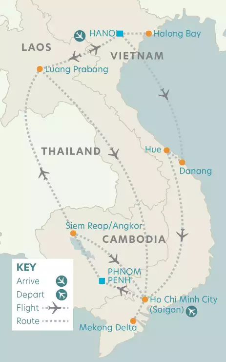 Airline map of arrivals and departures in Vietnam & Cambodia