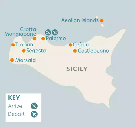 Airline map of arrivals and departures in Sicily, Italy